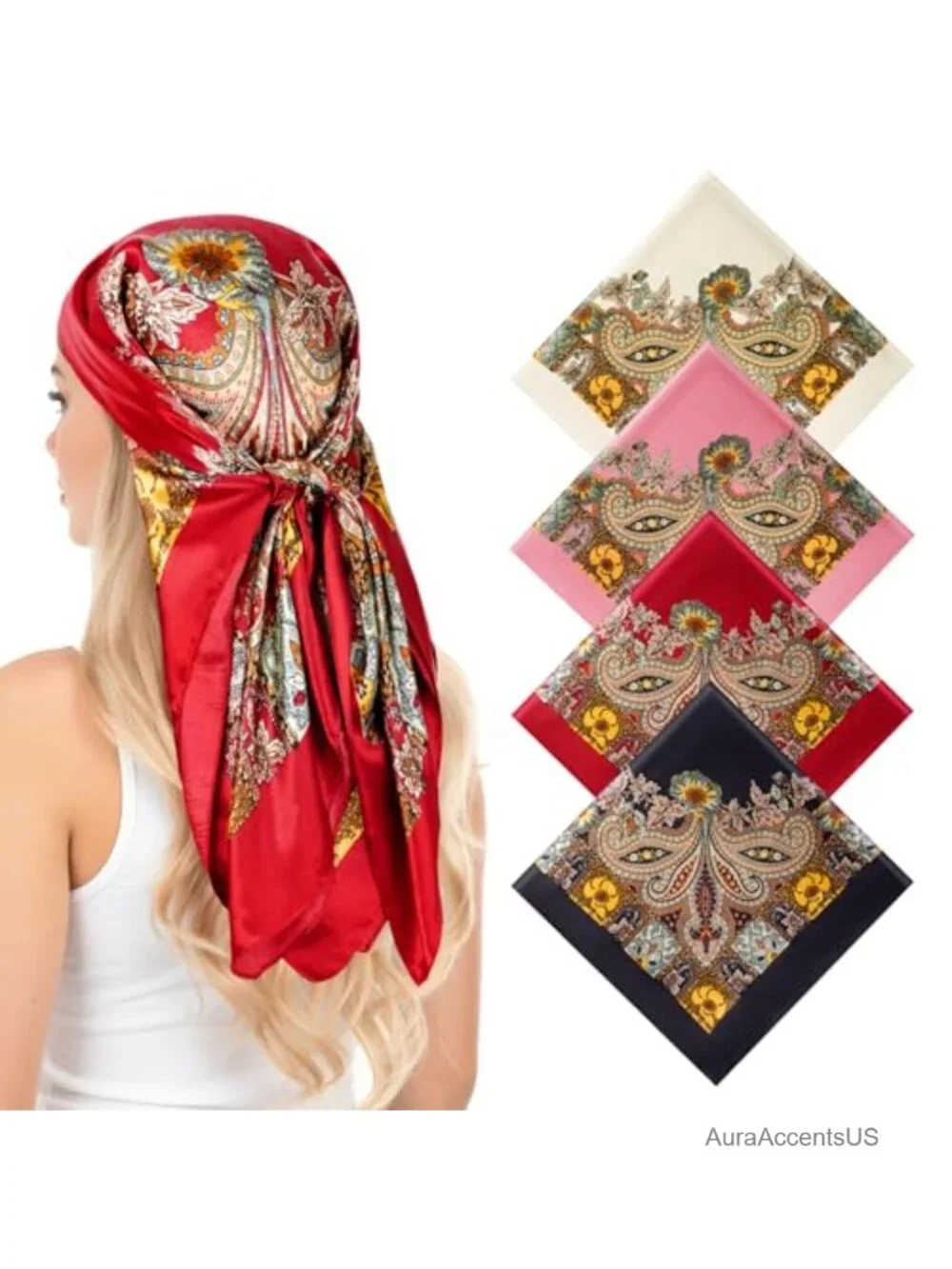 4 Pcs Large Square Satin Head Scarf Bandana for Women - Multi-functional Hair